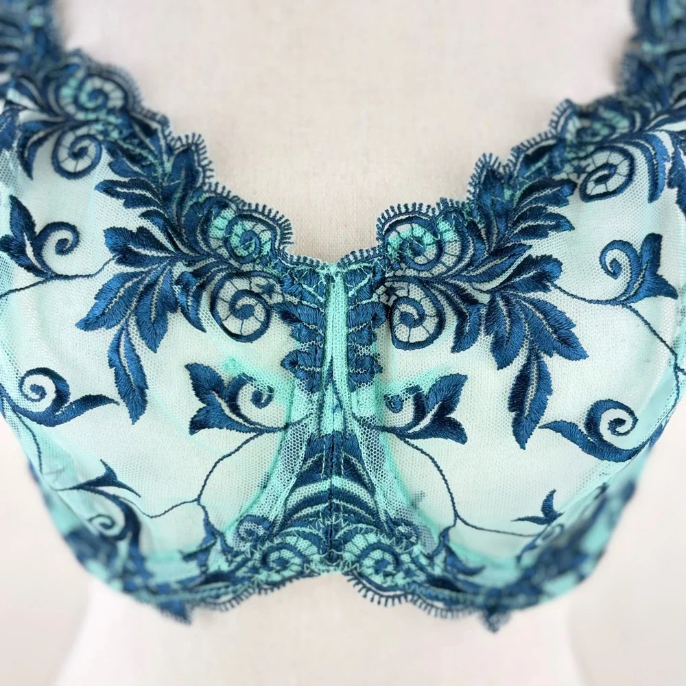 Soma Sensuous Lace Unlined Bra 38D Teal Green Navy‎ Blue Floral Embroidered Mesh